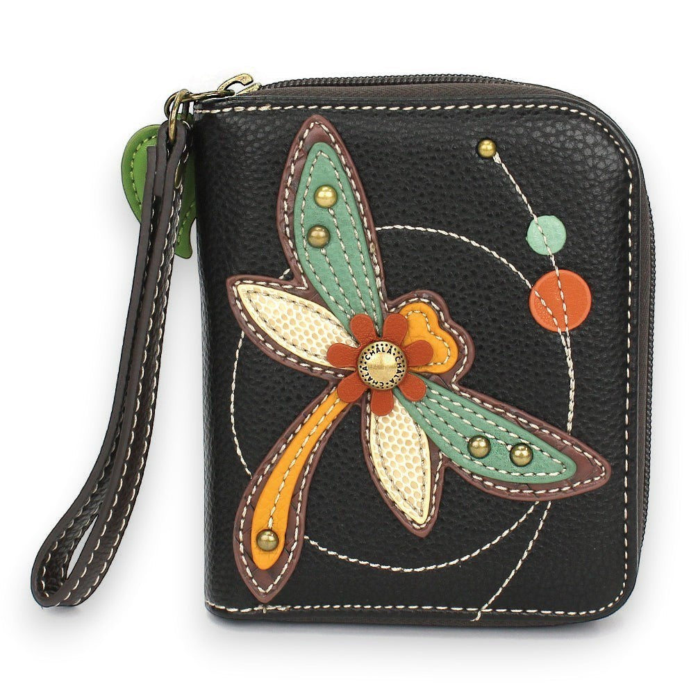 Mellow Monkey black faux leather zip-around wallet with colorful dragonfly applique and decorative charm.