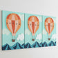 Mellow Monkey Dream Together Tile Acrylic Wall Art, 5x7 inches, featuring an orange and pink hot air balloon with the word DREAM, against a sky blue background with clouds and mountains.