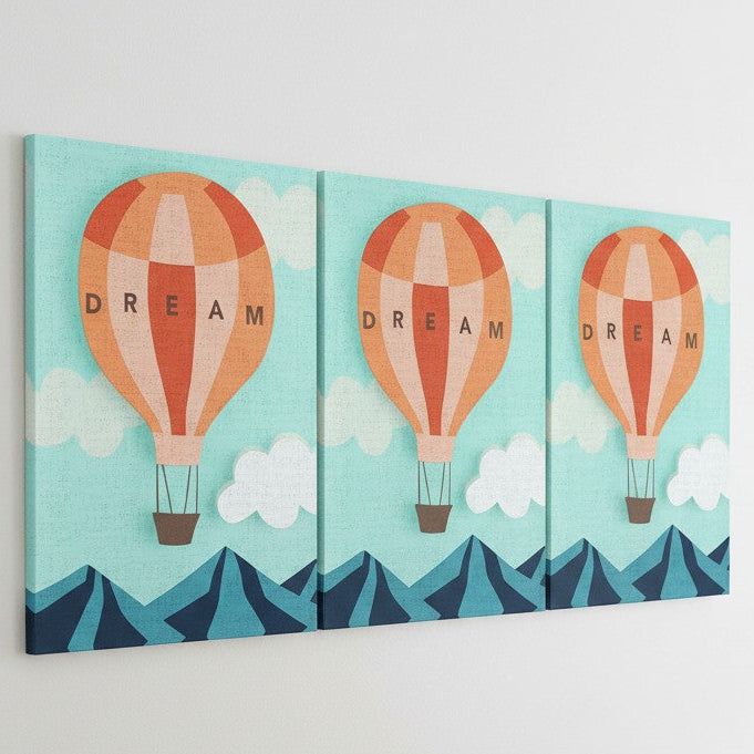 Mellow Monkey Dream Together Tile Acrylic Wall Art, 5x7 inches, featuring an orange and pink hot air balloon with the word DREAM, against a sky blue background with clouds and mountains.