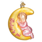 Mellow Monkey Dreamtime Girl blown glass ornament featuring a baby sleeping on a yellow crescent moon