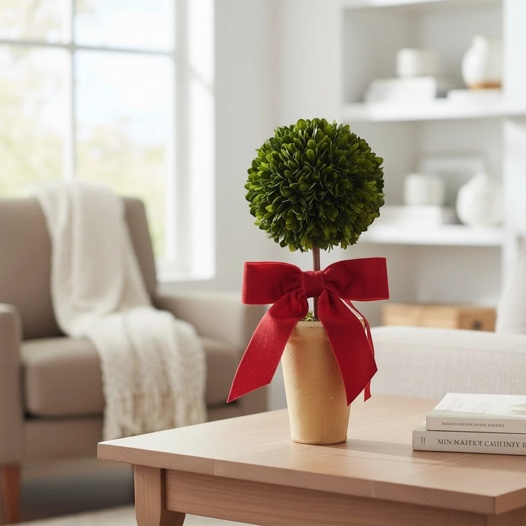 Mellow Monkey dried boxwood topiary in a terra-cotta pot adorned with a festive red velvet bow on a wooden table.