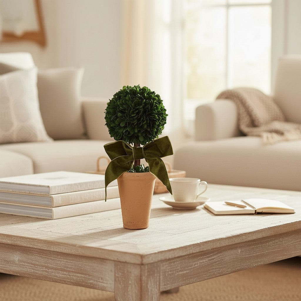 Mellow Monkey dried boxwood topiary in a terra-cotta pot adorned with a green velvet bow on a wooden table.