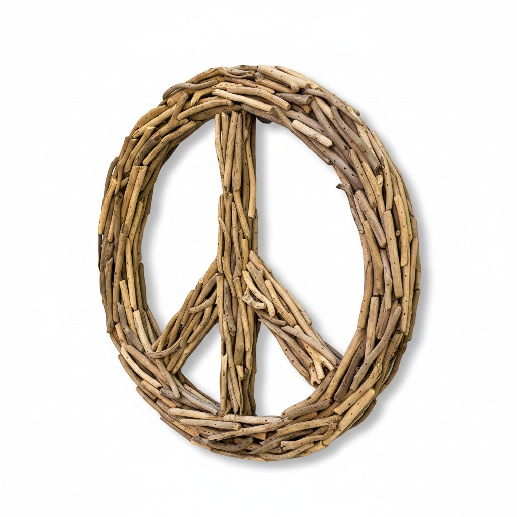 Mellow Monkey 20-inch driftwood peace sign wall decor with natural, weathered finish. Bohemian style.