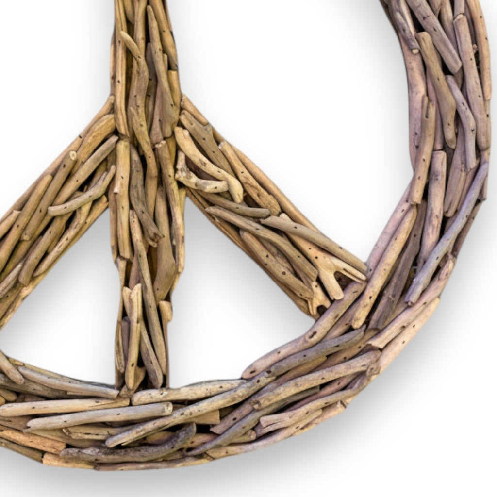 Mellow Monkey 20-inch driftwood peace sign wall decor with natural, weathered finish and bohemian charm.