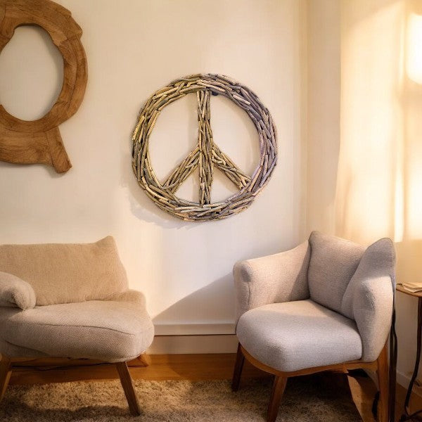 Mellow Monkey 20-inch rustic driftwood peace sign wall decor with natural textures and weathered finish.