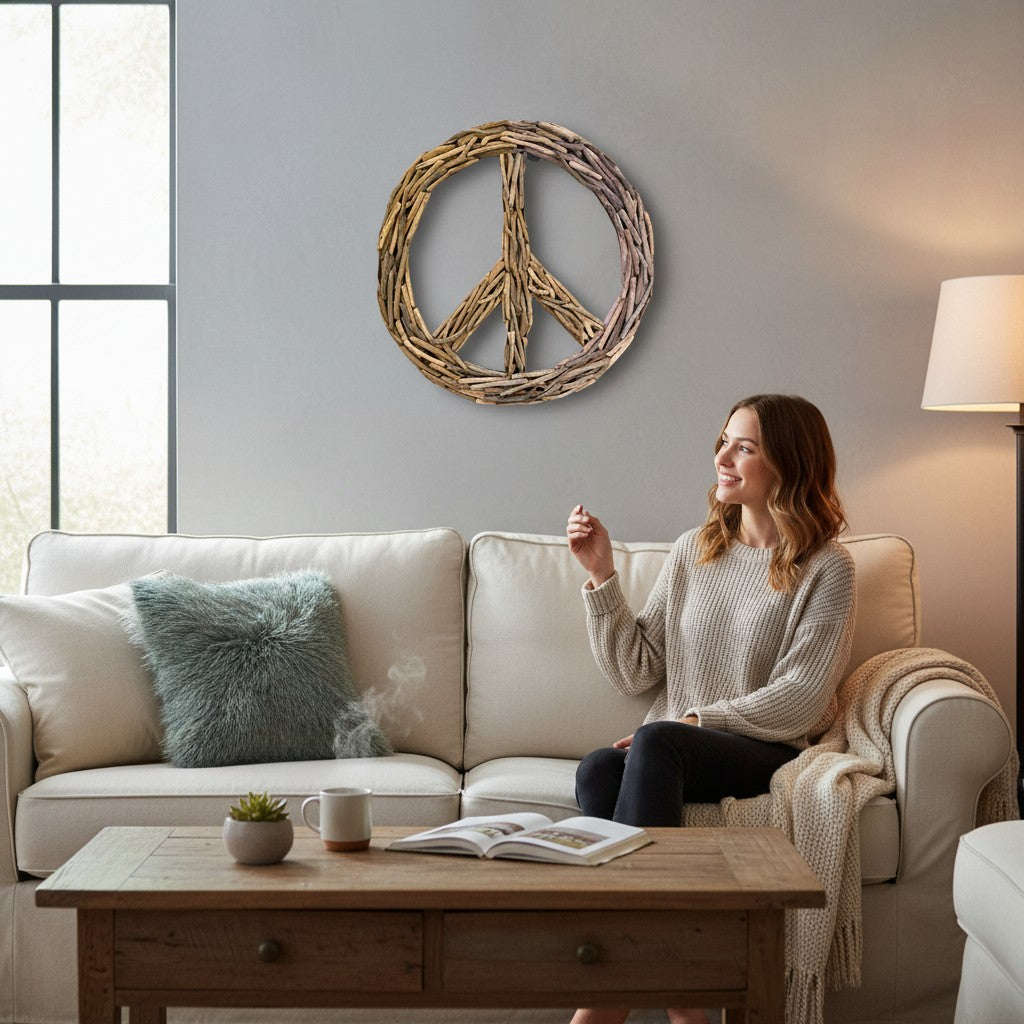 Mellow Monkey 20-in driftwood peace sign wreath, handcrafted from natural wood for coastal and beach home decor.
