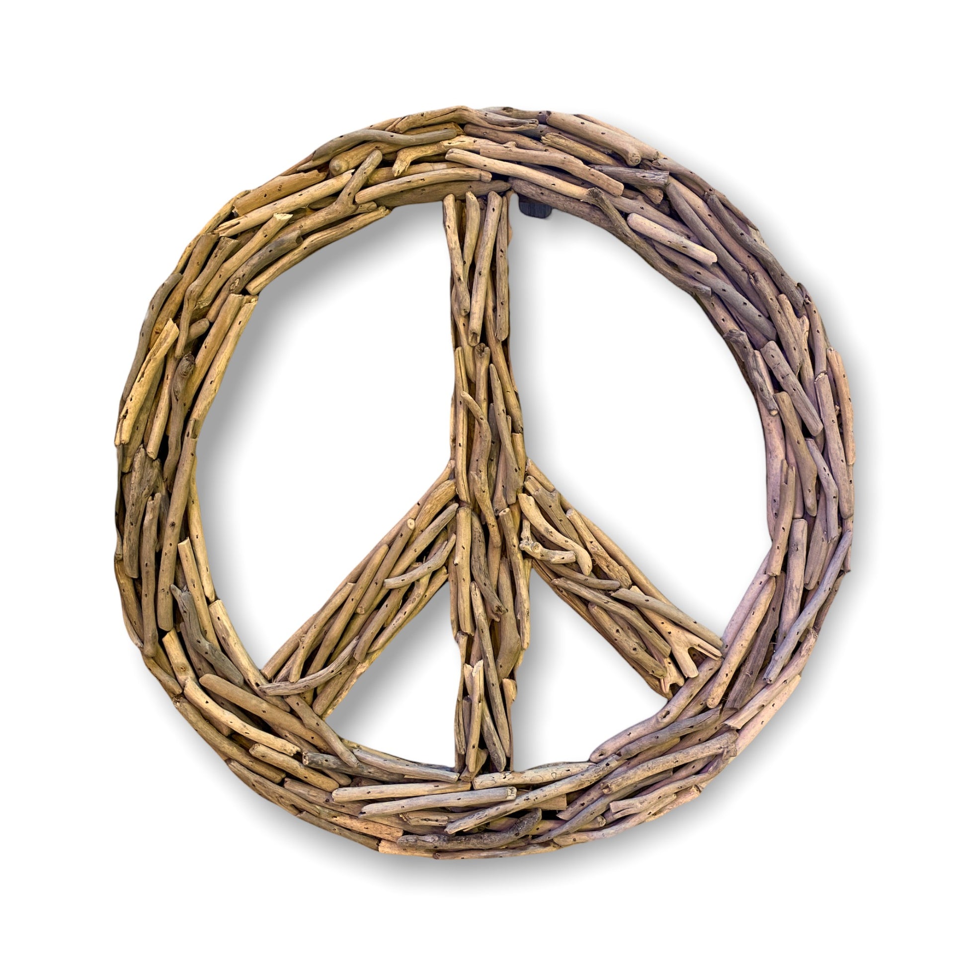 Mellow Monkey 20-in driftwood peace sign wreath, handcrafted from natural driftwood for a coastal home decor.