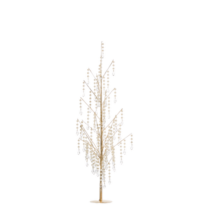 Mellow Monkey decorative holiday trees with cascading pearl and crystal accents on gold metal branches.