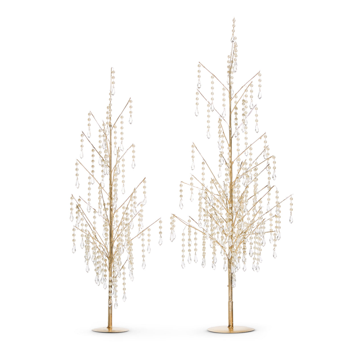 Mellow Monkey decorative holiday trees with gold branches and cascading pearl and crystal accents on round bases.