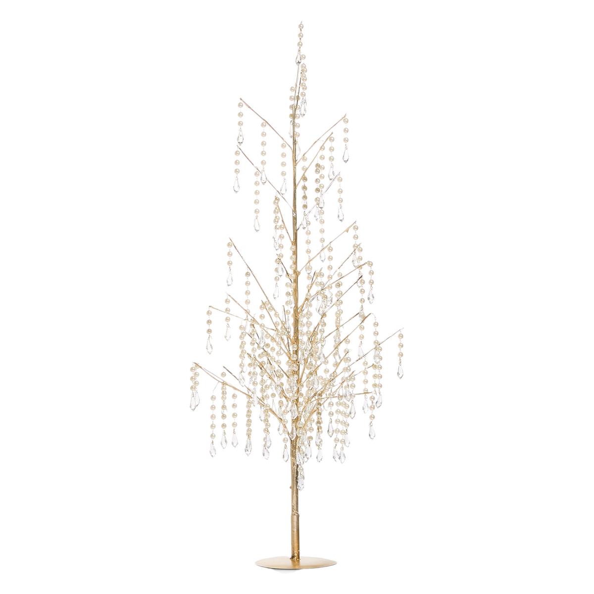 Mellow Monkey decorative holiday trees with gold branches and cascading pearl and crystal accents on round bases.