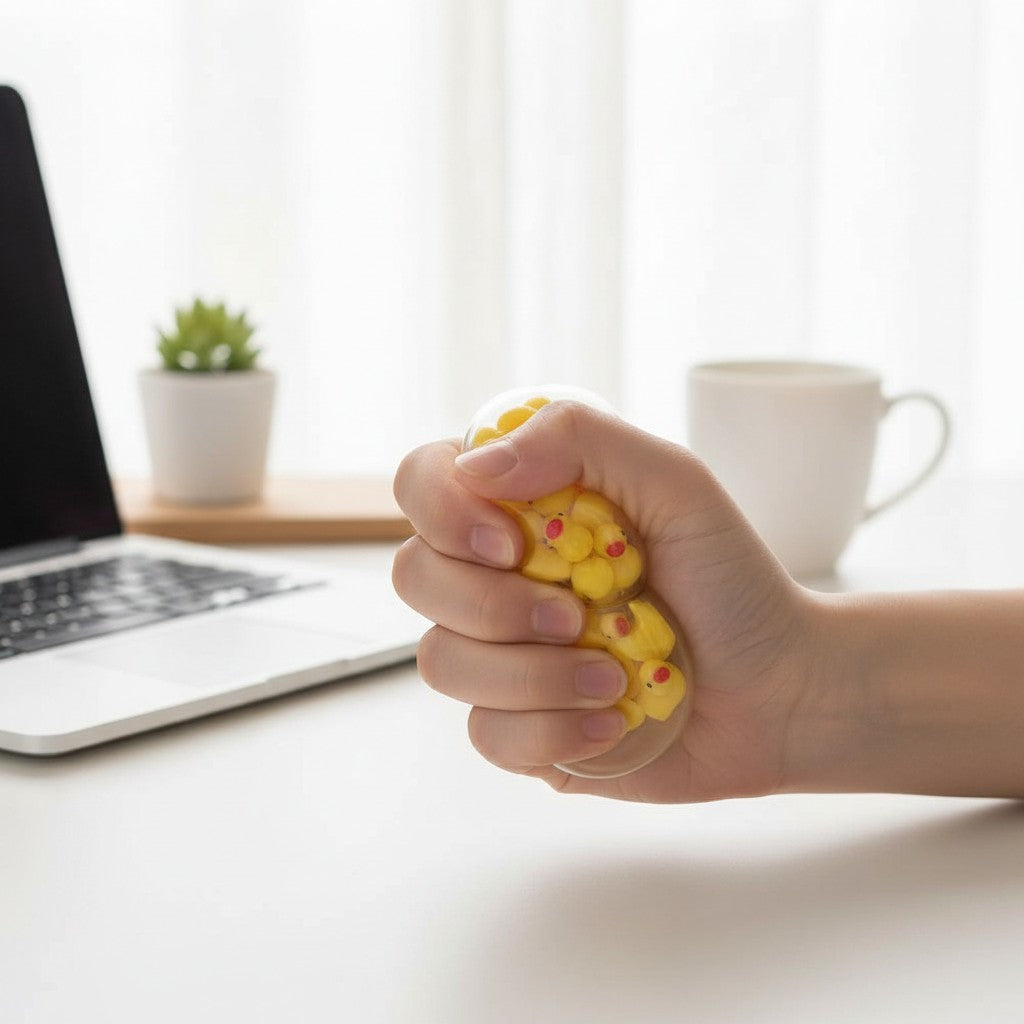 Mellow Monkey clear stress ball filled with yellow mini ducks being squeezed by a hand on a desk
