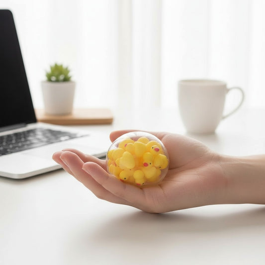 Mellow Monkey clear stress ball filled with yellow mini ducks held in a hand on a desk
