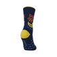 Mellow Monkey navy blue crew socks featuring a yellow duck and Duck Off text with yellow heel and toe details.