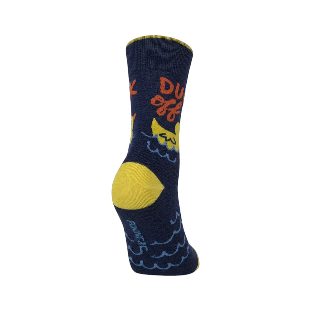 Mellow Monkey navy blue crew socks featuring a yellow duck and Duck Off text with yellow heel and toe details.