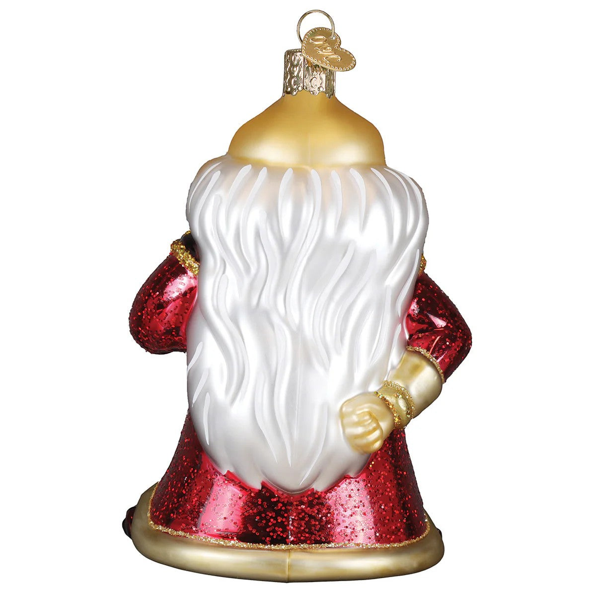 Mellow Monkey Dungeons & Dragons Dungeon Master blown glass holiday ornament, red glitter robe, white beard, gold accents.