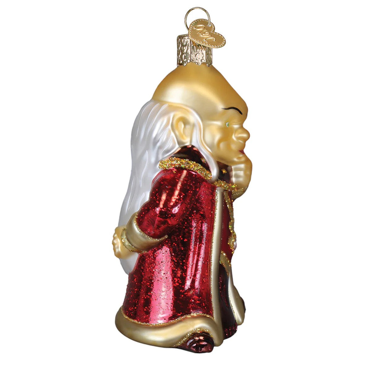Mellow Monkey Dungeons & Dragons Dungeon Master blown glass holiday ornament, red coat with gold trim, white hair, 4-in