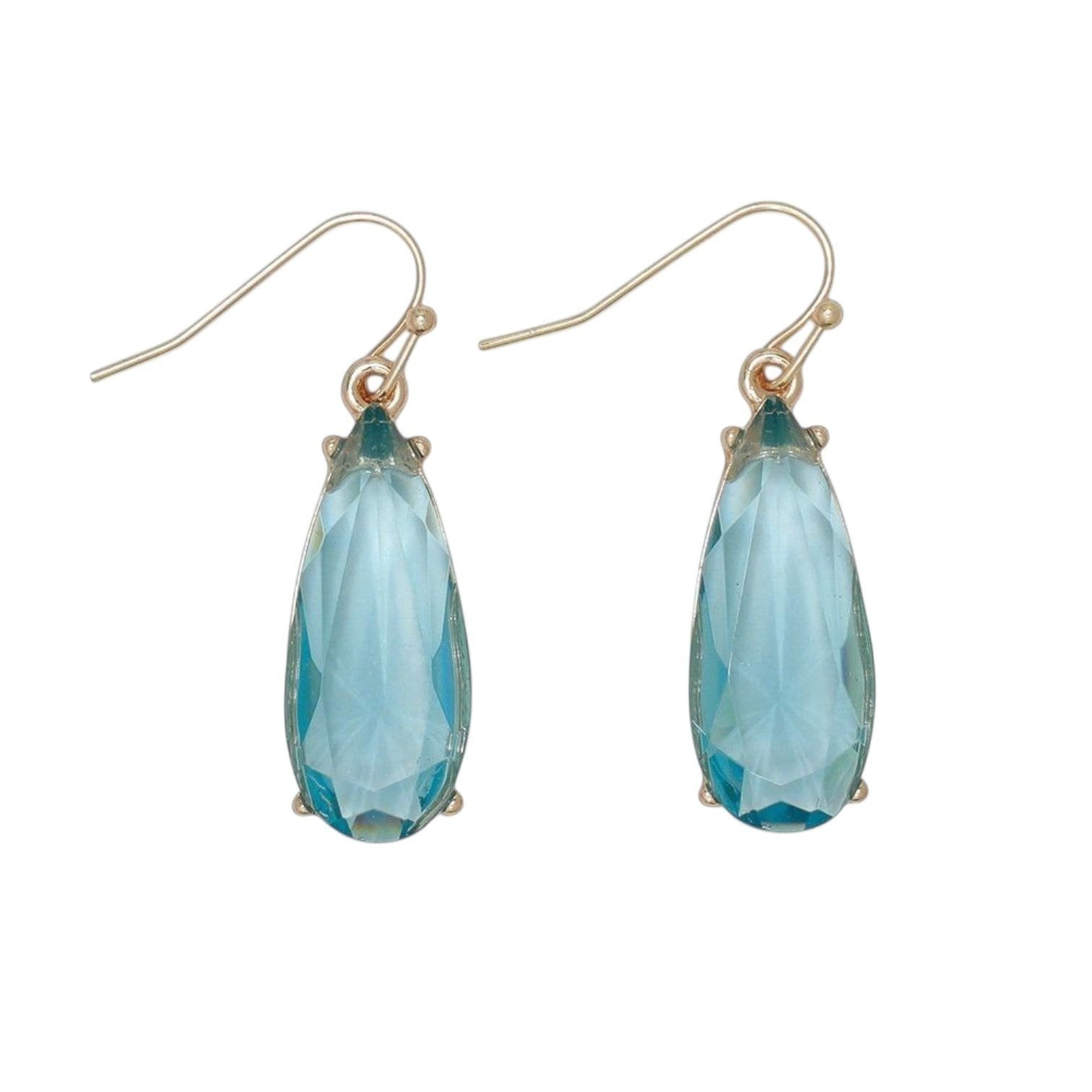 Mellow Monkey dusky blue faceted crystal teardrop earrings on gold-tone hooks for a coastal jewelry look.
