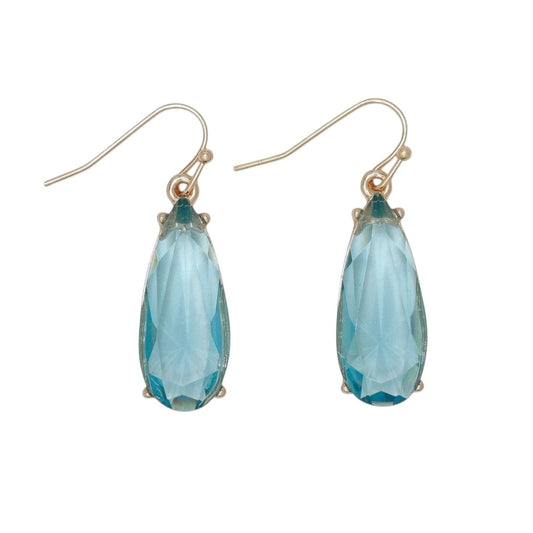 Mellow Monkey dusky blue faceted crystal teardrop earrings on gold-tone hooks for a coastal jewelry look.