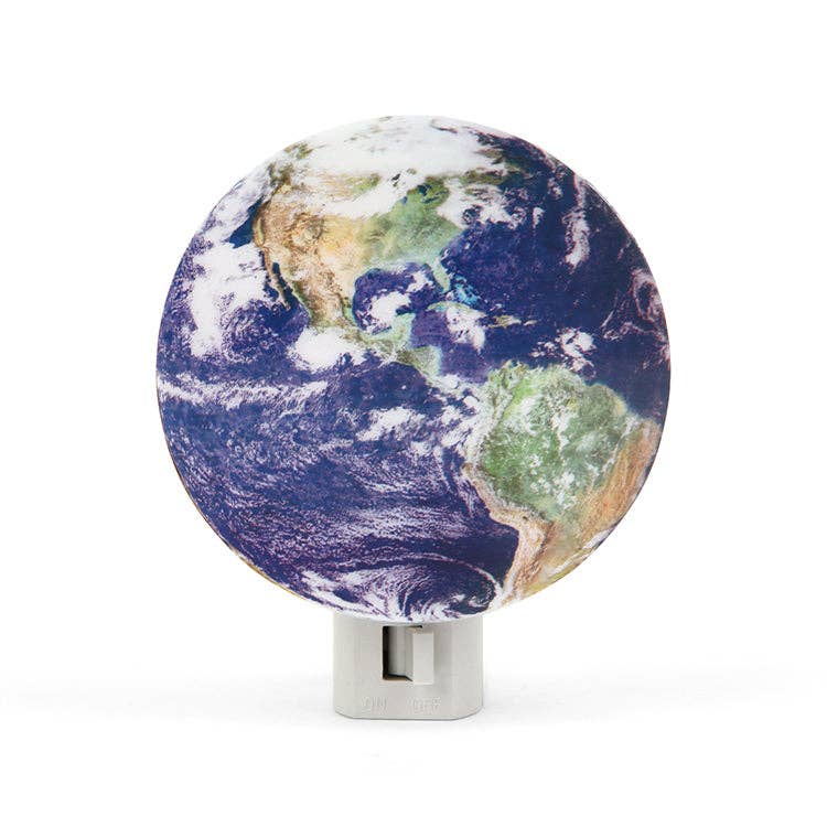 Mellow Monkey Earth night light featuring a detailed globe design on a white plug-in base for bedroom illumination.