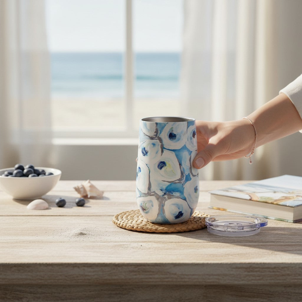 Mellow Monkey 16oz stainless steel wine tumbler with blue and white abstract Ebb and Flow pattern on a wooden table.