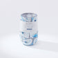 Mellow Monkey 16oz stainless steel wine tumbler with a blue and white abstract Ebb and Flow pattern and sliding lid.