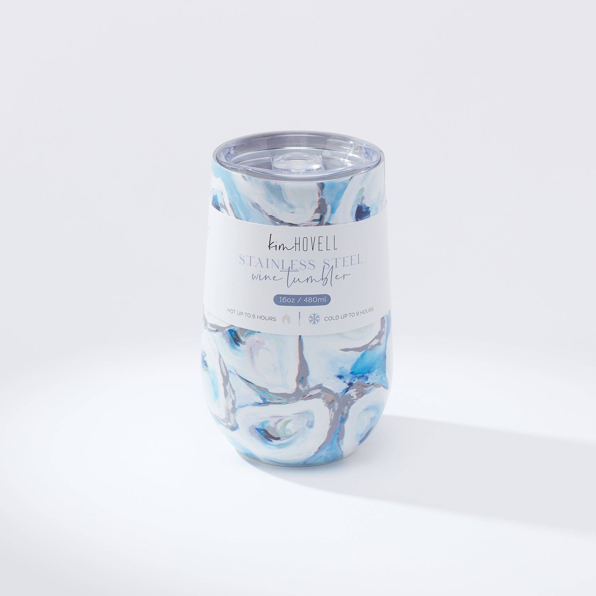 Mellow Monkey 16oz stainless steel wine tumbler with a blue and white abstract Ebb and Flow pattern and sliding lid.