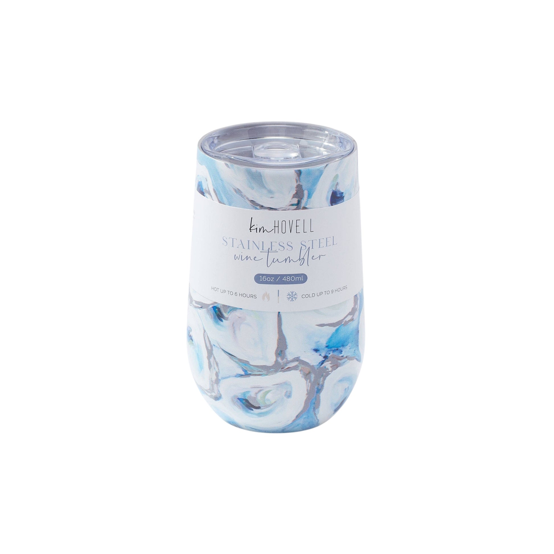 Mellow Monkey 16oz stainless steel wine tumbler with a blue and white Ebb and Flow abstract pattern and sliding lid.
