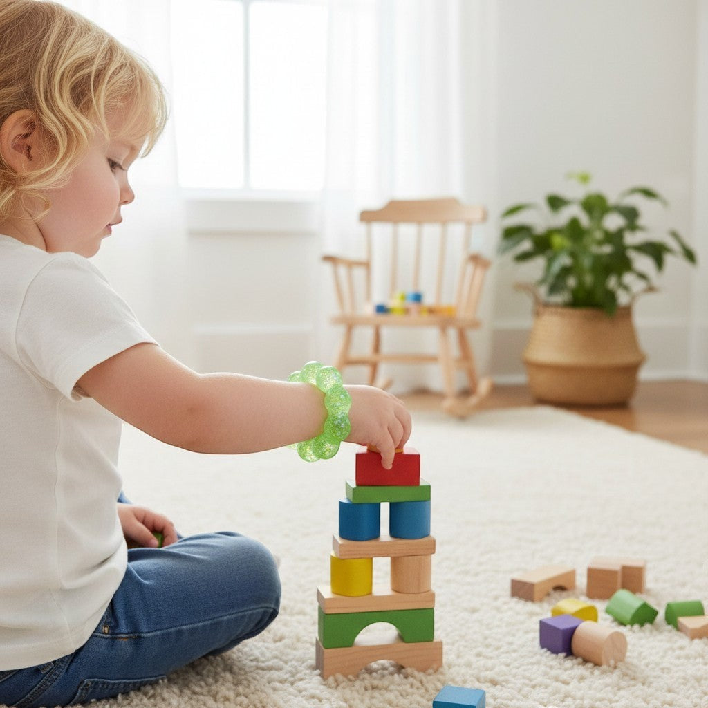Toddler wearing a Mellow Monkey Ecto Cooler Feelzies sensory bracelet while playing with colorful wooden blocks.