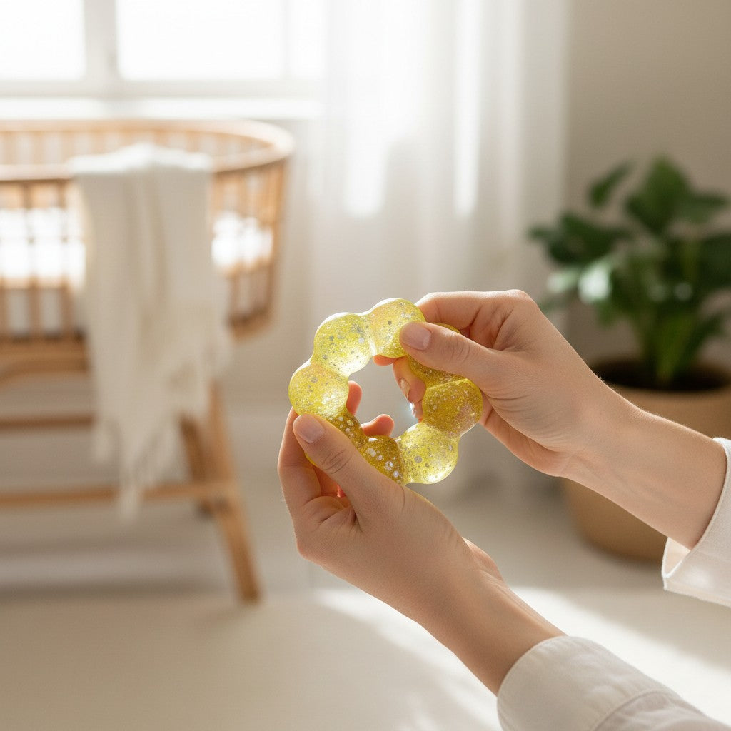 Mellow Monkey Electric Lemon Feelzies sensory bracelet being squeezed by hands in a bright, airy room.