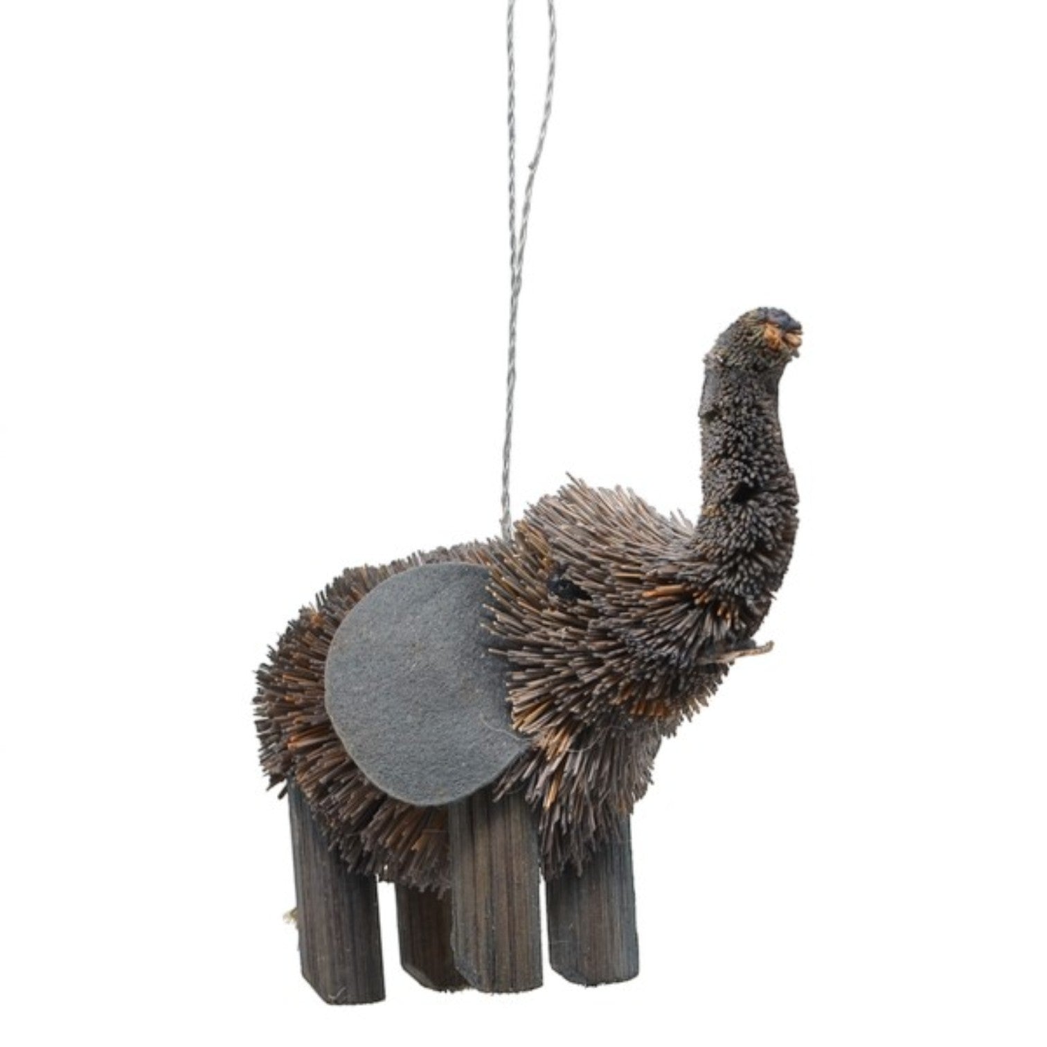 Mellow Monkey elephant holiday ornament made from natural pine needles and fibers with a unique bottle brush design.