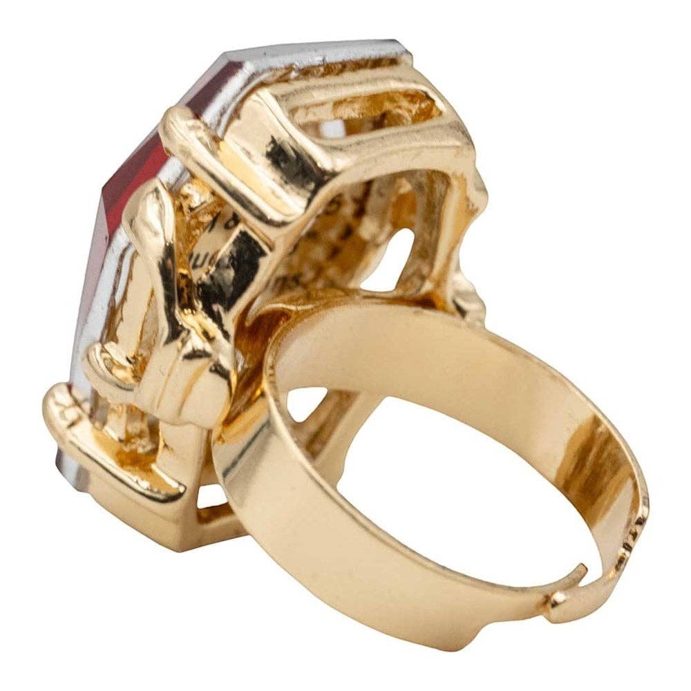 Mellow Monkey Elvira gothic coffin ring with red acrylic jewel, gold-tone alloy metal, and adjustable band.