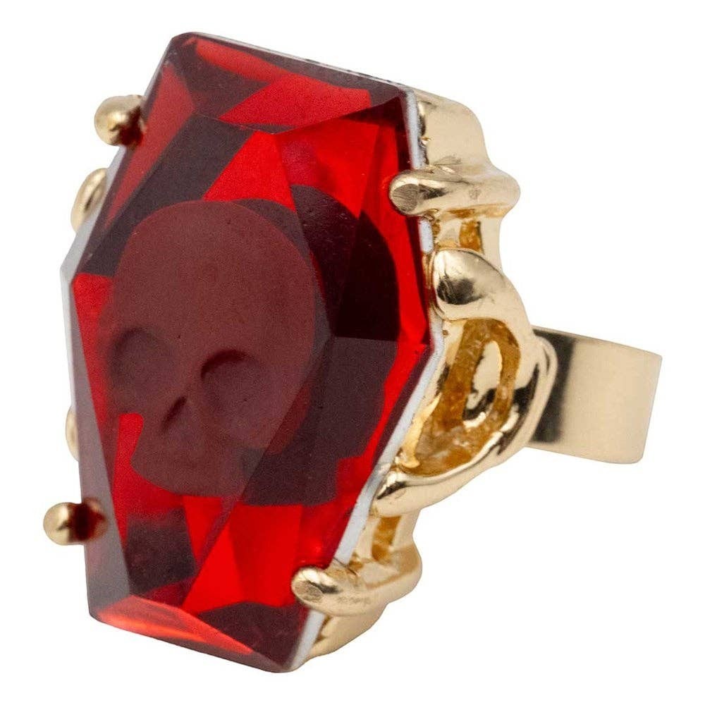 Mellow Monkey Elvira gothic coffin ring with a red acrylic jewel and skull detail on an adjustable gold alloy band.