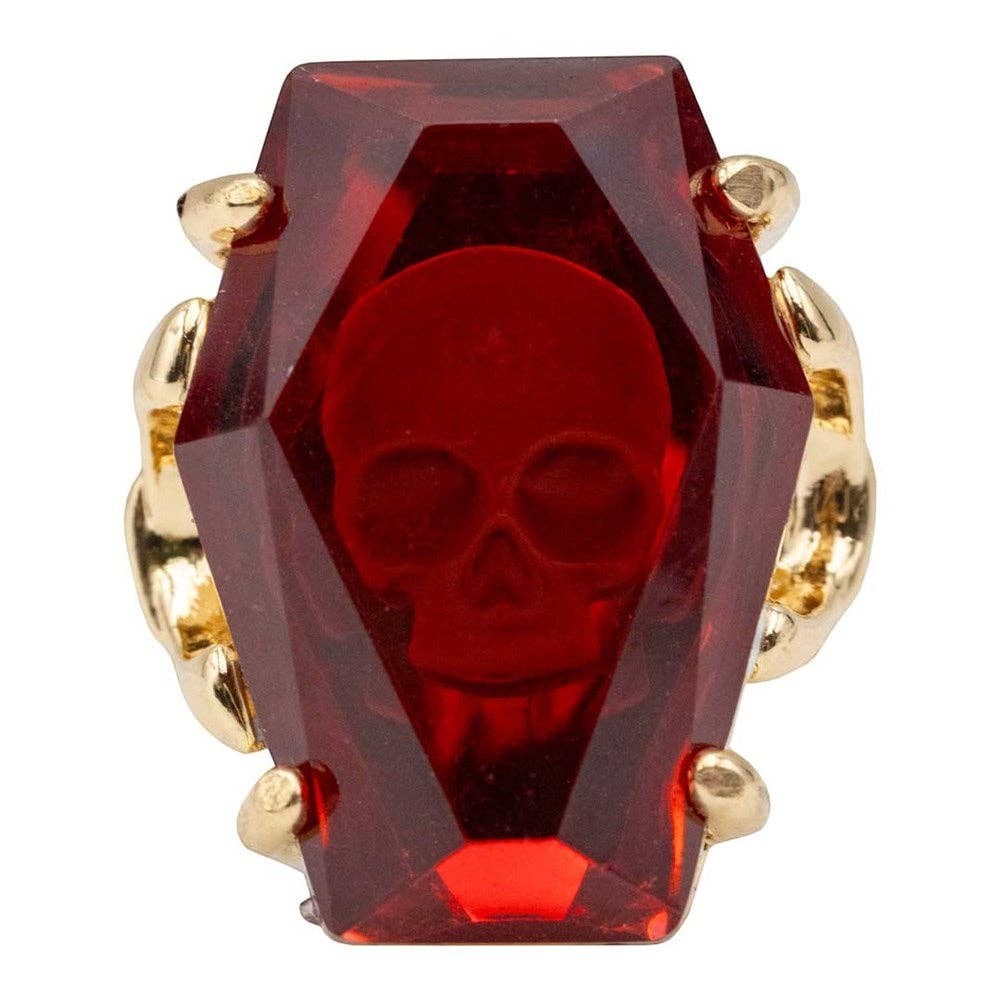 Mellow Monkey Elvira gothic coffin ring with a red acrylic skull jewel and gold-tone adjustable alloy band.