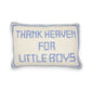 Mellow Monkey embroidered pillow in cream with blue text reading Thank Heaven For Little Boys