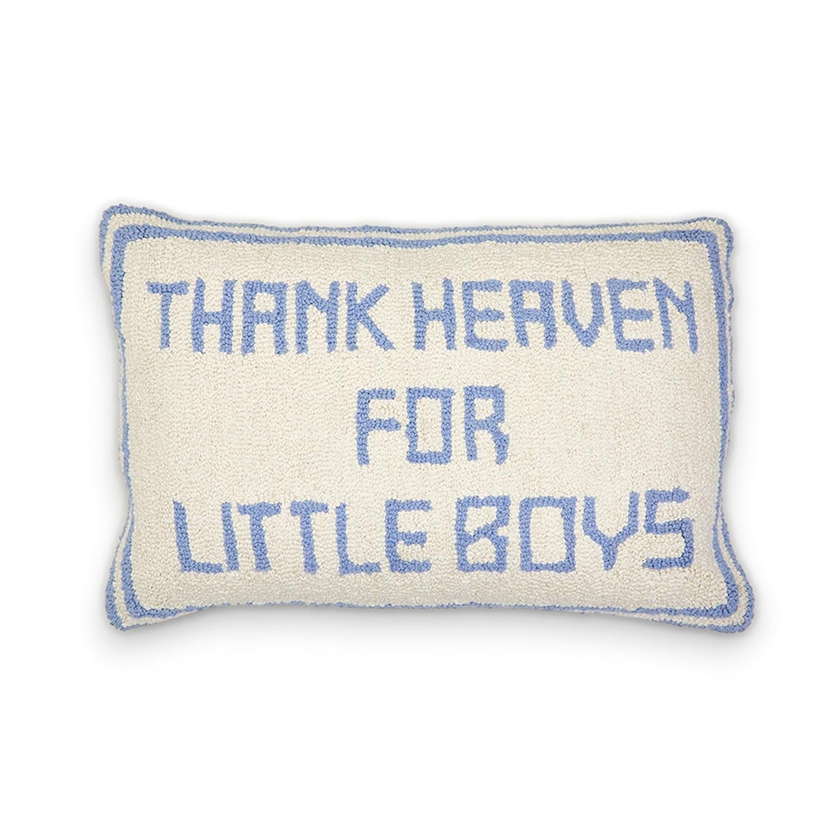 Mellow Monkey embroidered pillow in cream with blue text reading Thank Heaven For Little Boys