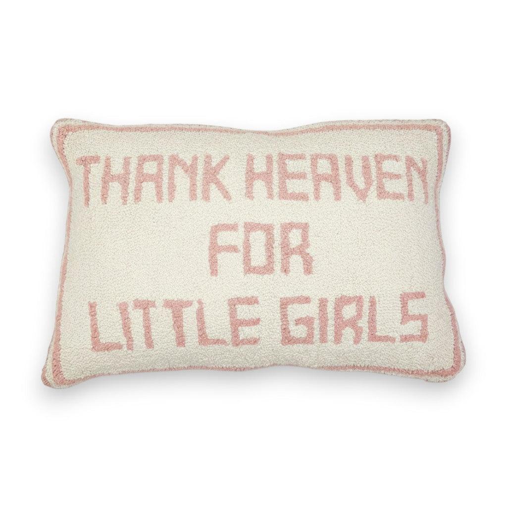 Mellow Monkey embroidered pillow in cream and pink with the text Thank Heaven For Little Girls