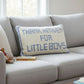 Mellow Monkey embroidered Thank Heaven For Little Boys decorative pillow with blue text on a cream background.