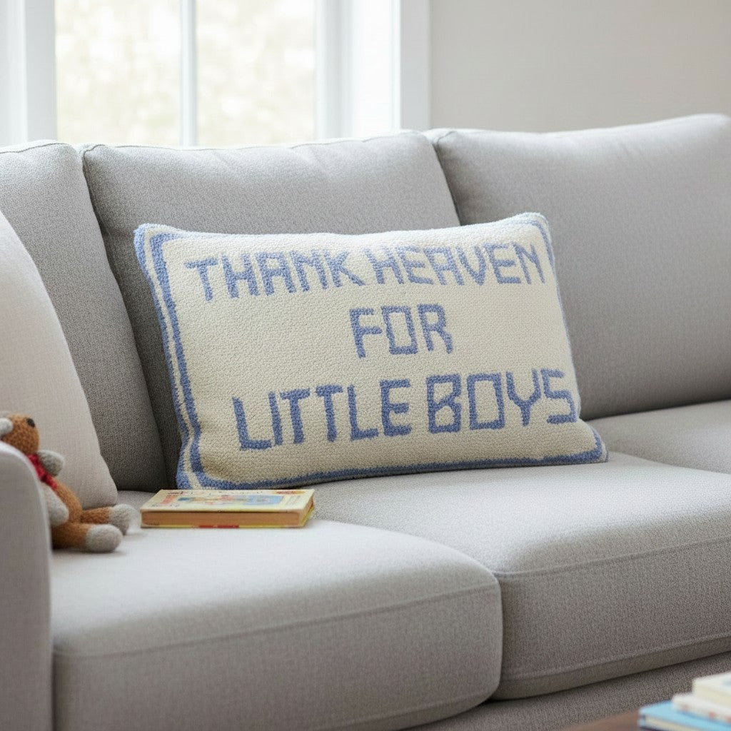 Mellow Monkey embroidered Thank Heaven For Little Boys decorative pillow with blue text on a cream background.