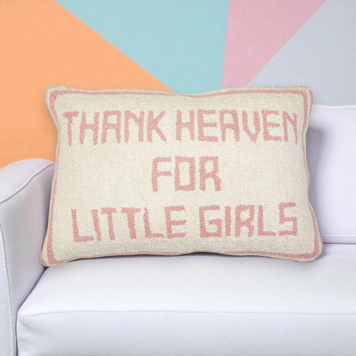 Mellow Monkey embroidered pillow featuring Thank Heaven For Little Girls in pink text on a cream textured background.