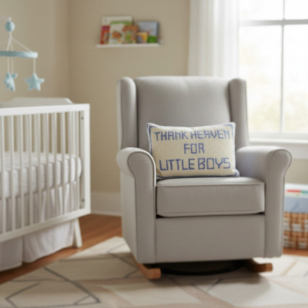 Mellow Monkey embroidered Thank Heaven For Little Boys accent pillow on a grey nursery rocking chair