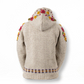 Back view of Mellow Monkey light natural wool zip hoodie featuring colorful floral embroidery and Fair Isle hem trim.