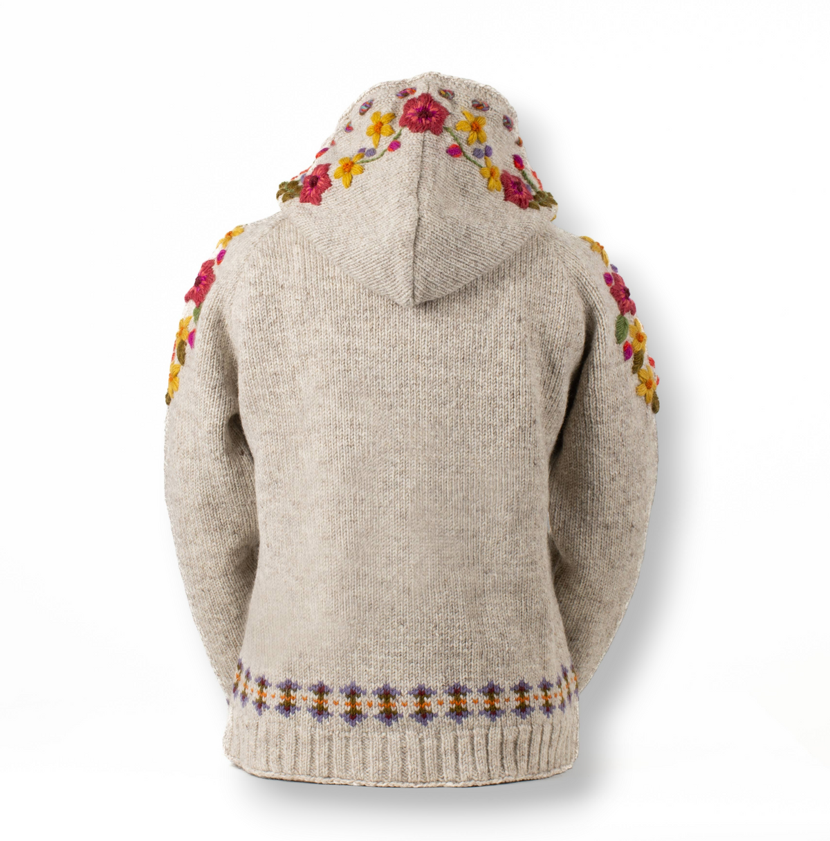 Back view of Mellow Monkey light natural wool zip hoodie featuring colorful floral embroidery and Fair Isle hem trim.