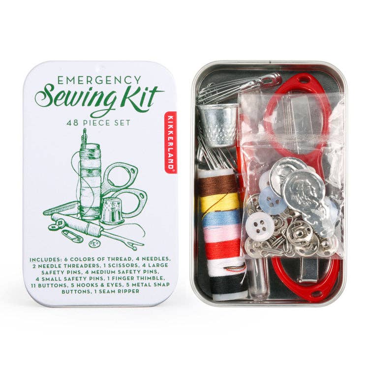 Mellow Monkey 48-piece emergency sewing kit in a metal tin with thread, scissors, needles, and buttons.