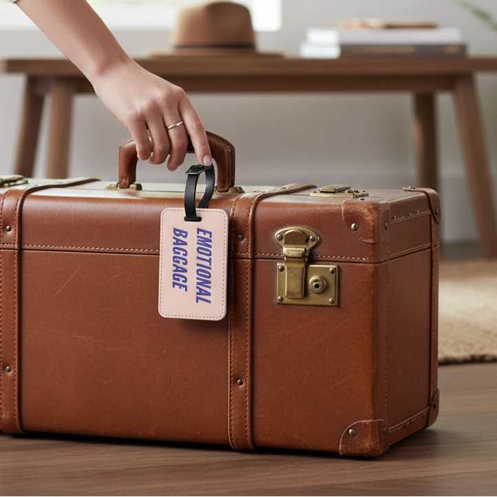 Mellow Monkey Emotional Baggage luggage tag in cream faux leather attached to a vintage brown suitcase handle