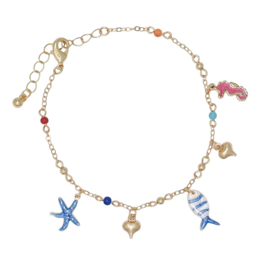 Mellow Monkey gold chain bracelet featuring delicate enamel sea charms including a starfish, fish, and seahorse.
