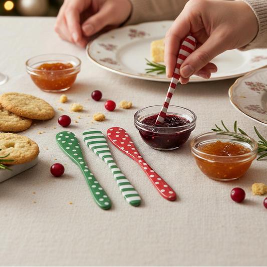 Mellow Monkey stainless steel canape knives with festive red and green enamel dot and stripe patterns on a table