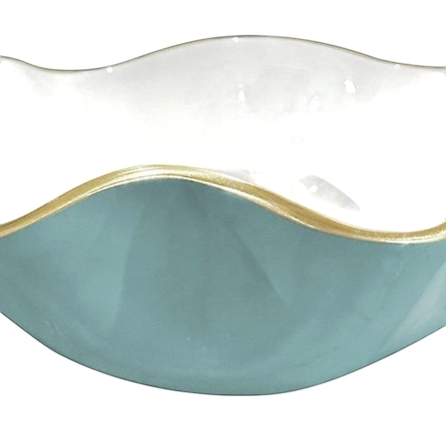 Mellow Monkey ENCANTO Carola small round turquoise and white bowl with gold rim. Fluted edges, 6.5-in, food-safe enamel.