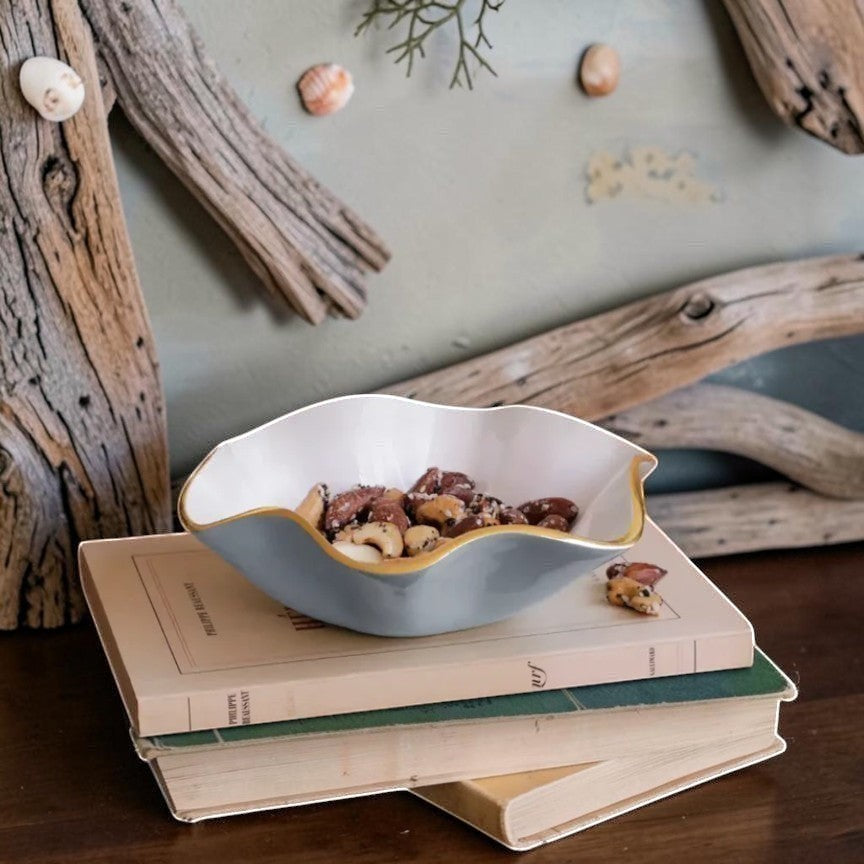 Mellow Monkey ENCANTO Carola small round bowl in turquoise and white with gold rim, filled with nuts.