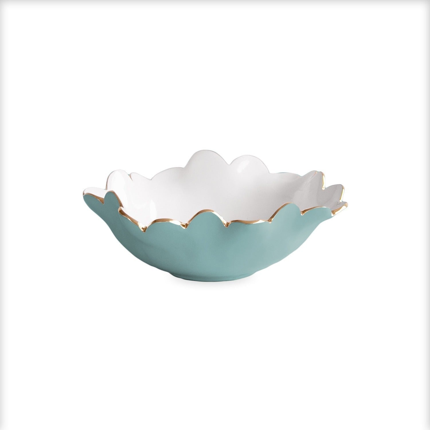 Mellow Monkey ENCANTO Colette mini round bowl in turquoise and white with a scalloped gold rim. Ideal for snacks, dips, or jewelry.