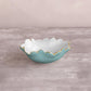 Mellow Monkey ENCANTO Colette mini round bowl in turquoise and white with gold trim and petal-like rim. Ideal for snacks, dips, or jewelry.